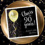 Black & Gold | 90th Glitter Balloon Birthday  Napkin<br><div class="desc">Customizable 90th birthday napkins featuring gold glitter and a gold glitter balloon,  on a black background.</div>