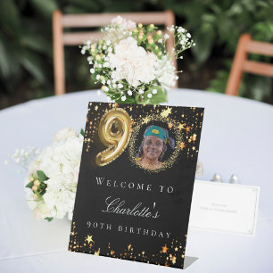 Black gold 90th photo birthday party welcome pedestal sign