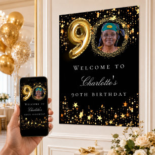 Black gold 90th photo birthday party welcome poster
