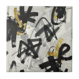Black Gold Abstract Brushstrokes Tile
