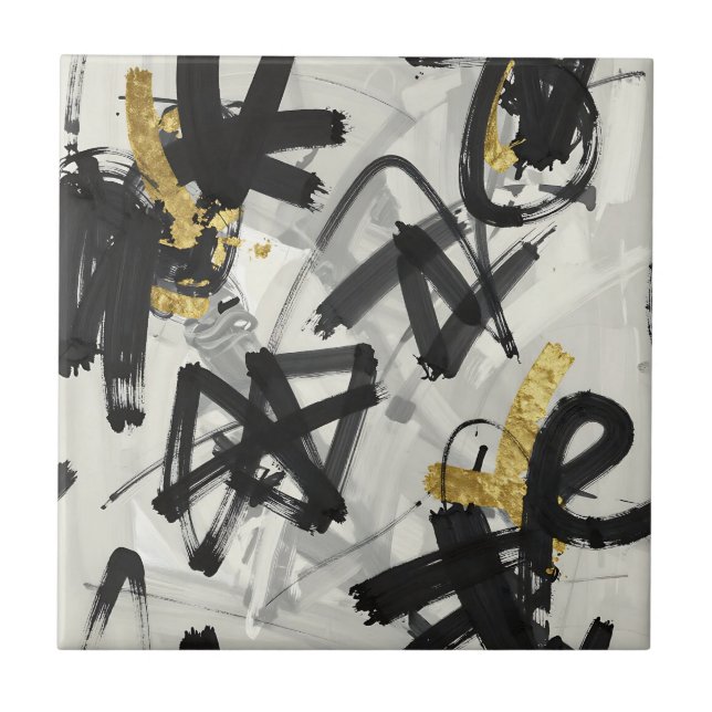 Black Gold Abstract Brushstrokes Tile (Front)
