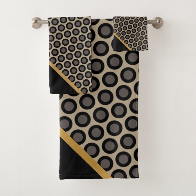 BLACK GOLD ABSTRACT CIRCLES BATHROOM TOWEL SET (Insitu)