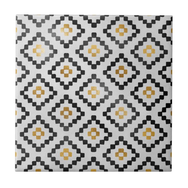 Black Gold Abstract Geometric Diamond Pattern Tile (Front)