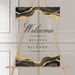 Black Gold Abstract Ink Wedding Welcome Acrylic Sign