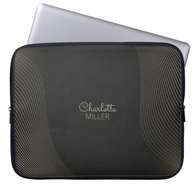 Black-Gold Abstract Lines with Custom Name Laptop Sleeve (Front)