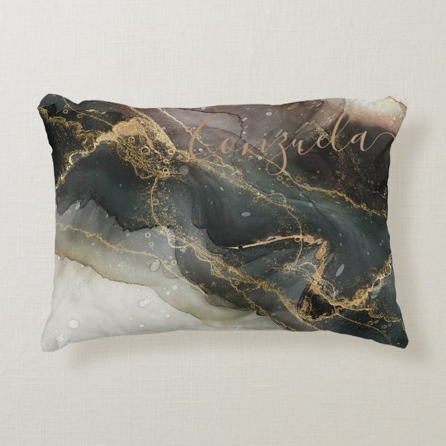Black Gold Abstract Marble Accent Pillow (Front)