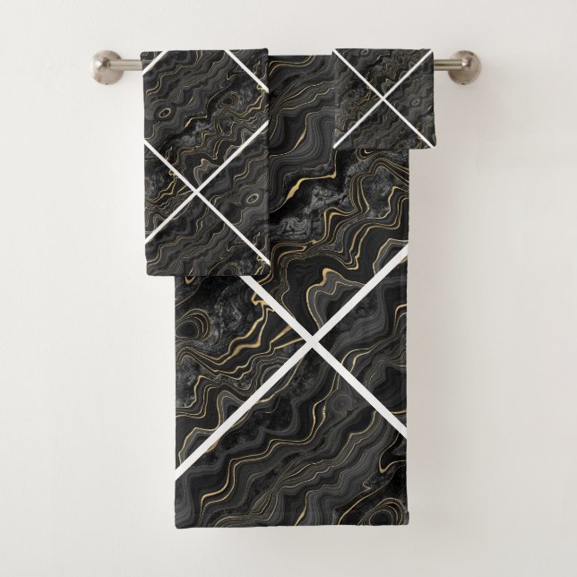 BLACK GOLD ABSTRACT MARBLE  BATH TOWEL SET (Insitu)