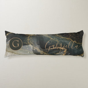 Black Gold Abstract Marble Monogram Body Pillow
