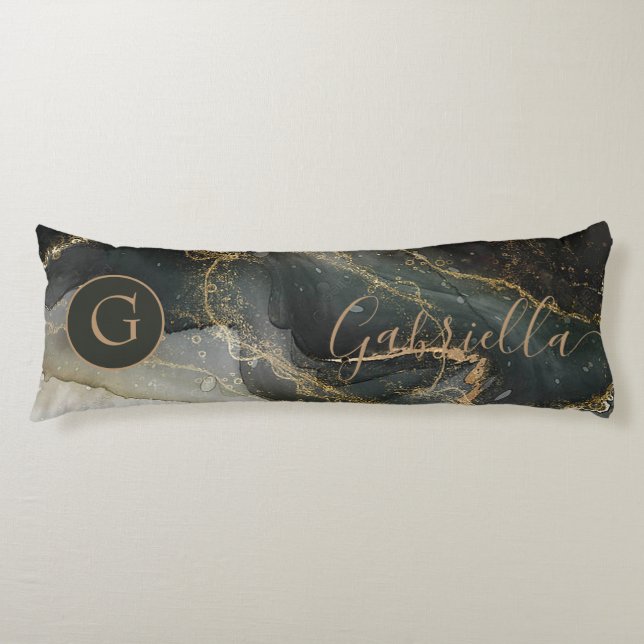 Black Gold Abstract Marble Monogram Body Pillow (Front)