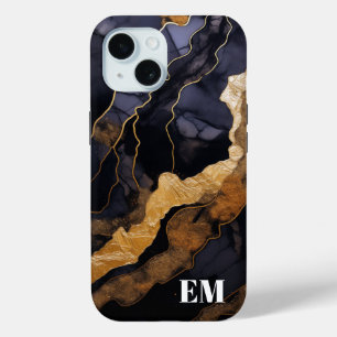 Black Gold Abstract Marble Monogram Initials iPhone 15 Case