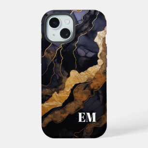 Black Gold Abstract Marble Monogram Initials iPhone 15 Case
