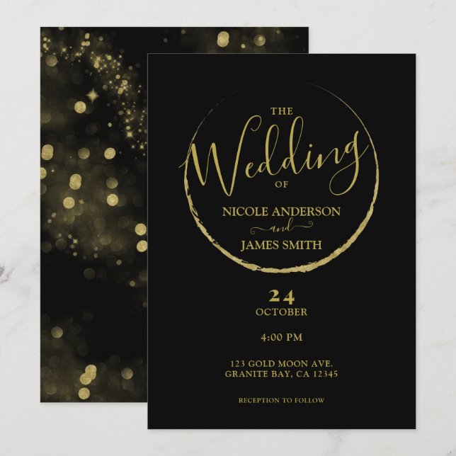 Black & Gold Abstract New Moon Sparkle Wedding Invitation (Front/Back)
