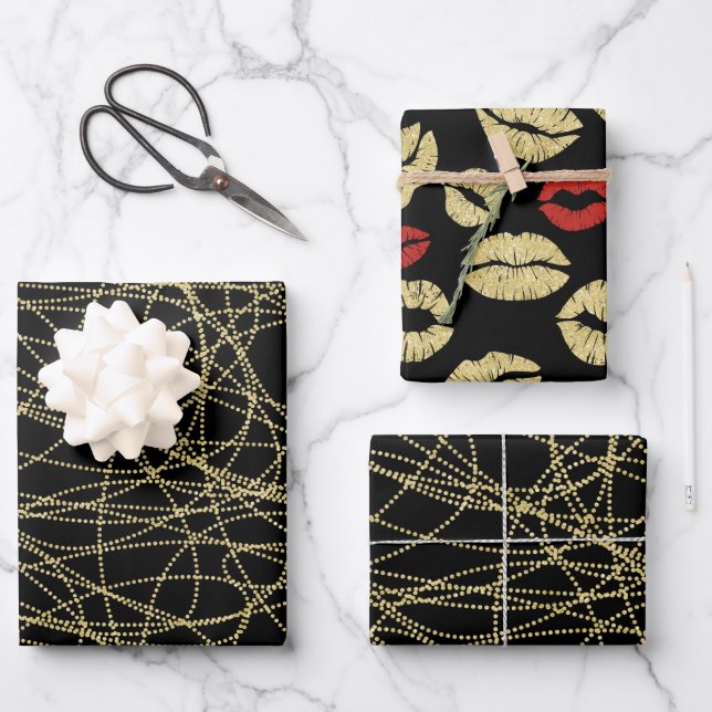 Black Gold Abstract Red Lips Bridal Shower Wrapping Paper Sheet (Front)