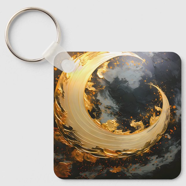 Black Gold Abstract Swirl Modern Moon Keychain (Front)