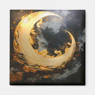 Black Gold Abstract Swirl Modern Moon Magnet