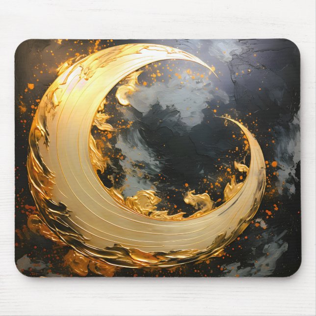 Black Gold Abstract Swirl Modern Moon Mouse Pad (Front)