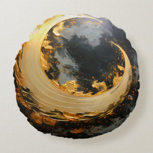 Black Gold Abstract Swirl Modern Moon Round Pillow