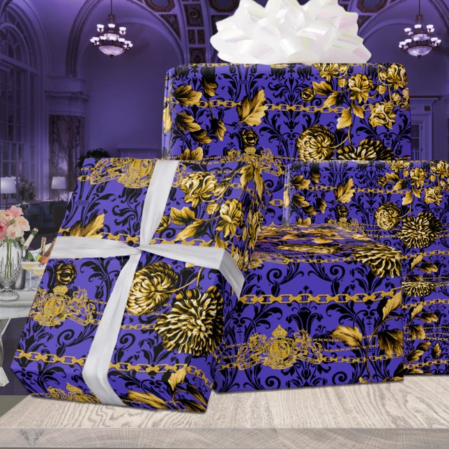 Black Gold Acanthus Leaf Chains Floral Gold Purple Wrapping Paper (Creator Uploaded)