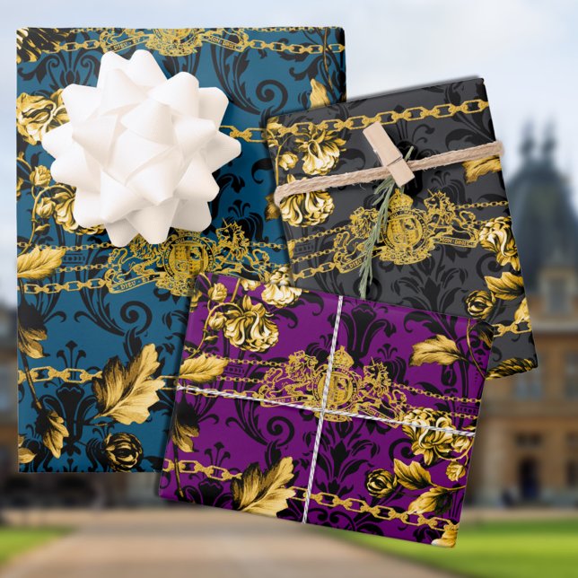 Black & Gold Acanthus Leaf Gold Chains Luxury Posh Wrapping Paper Sheet (Creator Uploaded)