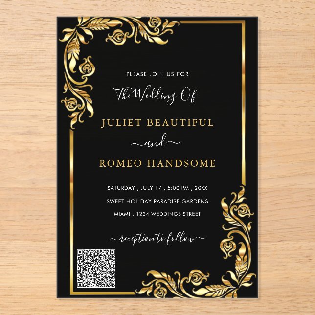 Black Gold Acrylic Wedding Invitation with QR Code (Front)
