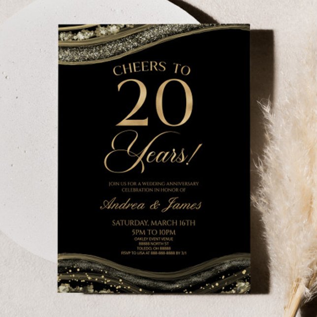 Black Gold Agate 20th Wedding Anniversary Party Invitation (Creator Uploaded)
