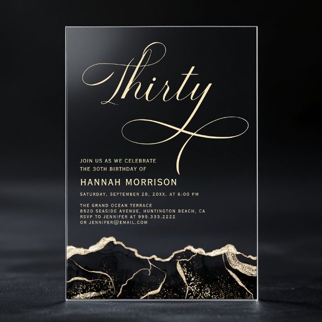 Black Gold Agate 30th Thirty Birthday Party  Acrylic Invitations (Creator Uploaded)