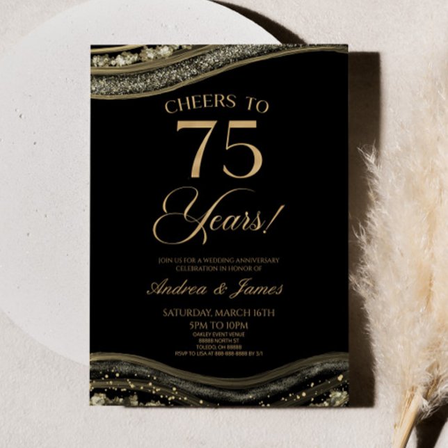Black Gold Agate 75th Wedding Anniversary Party Invitation (Creator Uploaded)