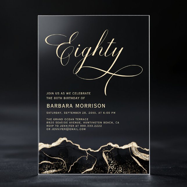 Black Gold Agate 80th eighty Birthday Party Acrylic Invitations (Creator Uploaded)