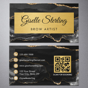 Black Gold Agate Brow Artist Glitter QR Code Business Card
