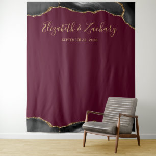 Black Gold Agate Burgundy Wedding Photo Booth Tapestry