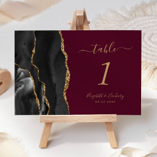 Black Gold Agate Burgundy Wedding Table Number