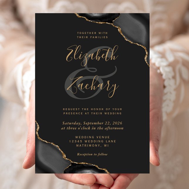 Black Gold Agate Corners Dark Wedding Invitation (Creator Uploaded)
