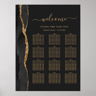 Black Gold Agate Dark 12-Table Wedding Seating Poster