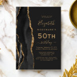 Black Gold Agate Dark 50th Birthday Party Invitation<br><div class="desc">The left-hand edge of this elegant modern birthday party invitation features a black watercolor agate border trimmed with gold faux glitter. The customizable text combines gold-coloured handwriting,  copperplate and italic fonts on a slate black background. The reverse side features a matching black and gold agate design.</div>