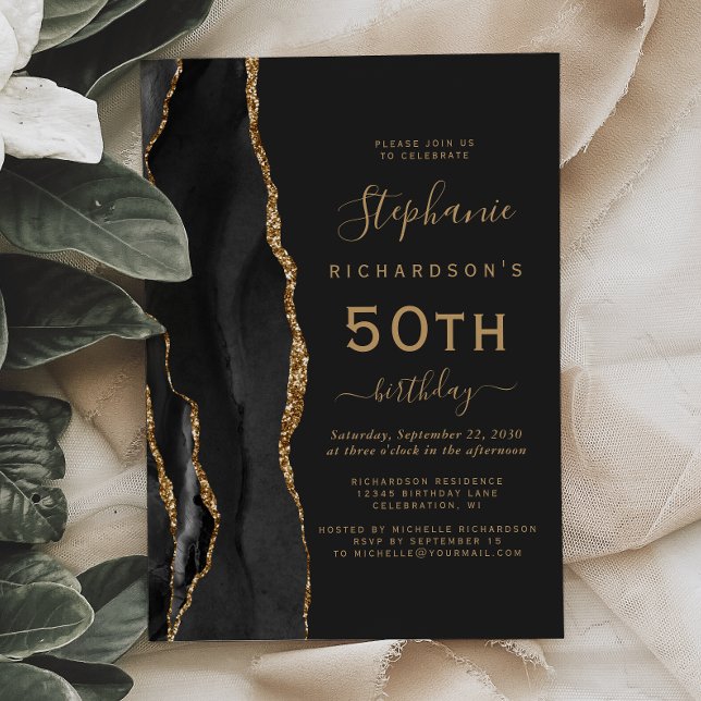 Black Gold Agate Dark 50th Birthday Party Invitation (Creator Uploaded)