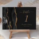 Black Gold Agate Dark Wedding Table Number<br><div class="desc">The left-hand edge of this elegant modern wedding table number card features a black watercolor agate border trimmed with faux gold glitter. The customizable text combines gold coloured handwriting,  and italic and copperplate fonts on an off-black background.</div>