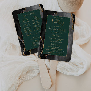 Black Gold Agate Emerald Green Wedding Program Hand Fan