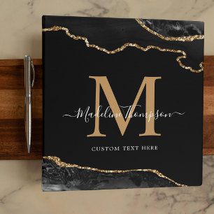 Black Gold Agate Geode Elegant Script Monogram Binder
