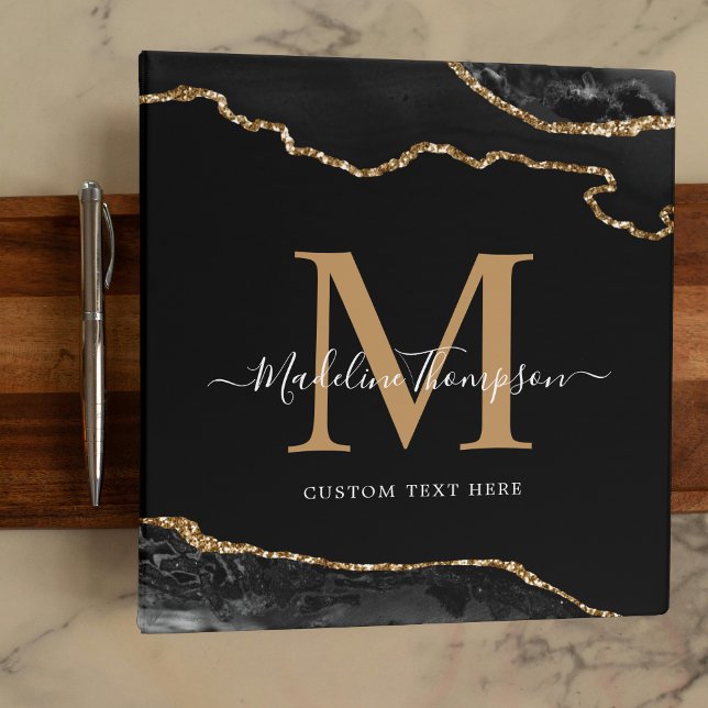 Black Gold Agate Geode Elegant Script Monogram Binder (Creator Uploaded)