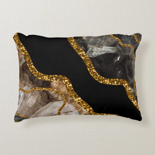Black & Gold Agate Geode Glitter  Accent Pillow (Front)