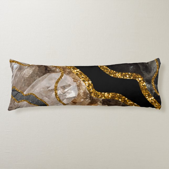 Black & Gold Agate Geode Glitter Body Pillow (Front)