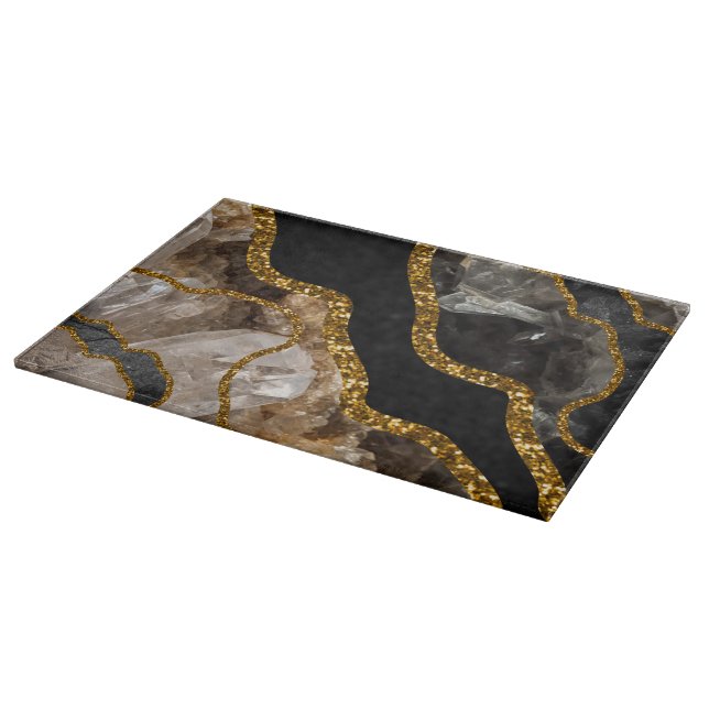 Black & Gold Agate Geode Glitter Cutting Board (Corner)