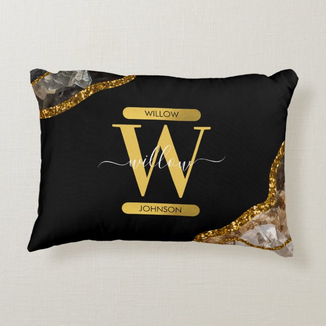 Black & Gold Agate Geode Glitter Monogram Accent Pillow (Back)