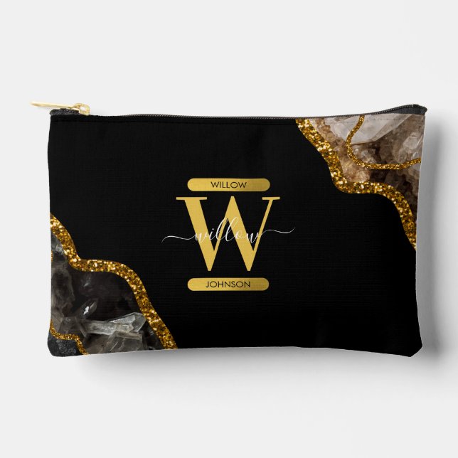 Black & Gold Agate Geode Glitter Monogram Accessory Pouch (Front)