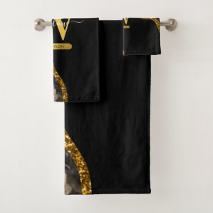 Black & Gold Agate Geode Glitter Monogram   Bath Towel Set