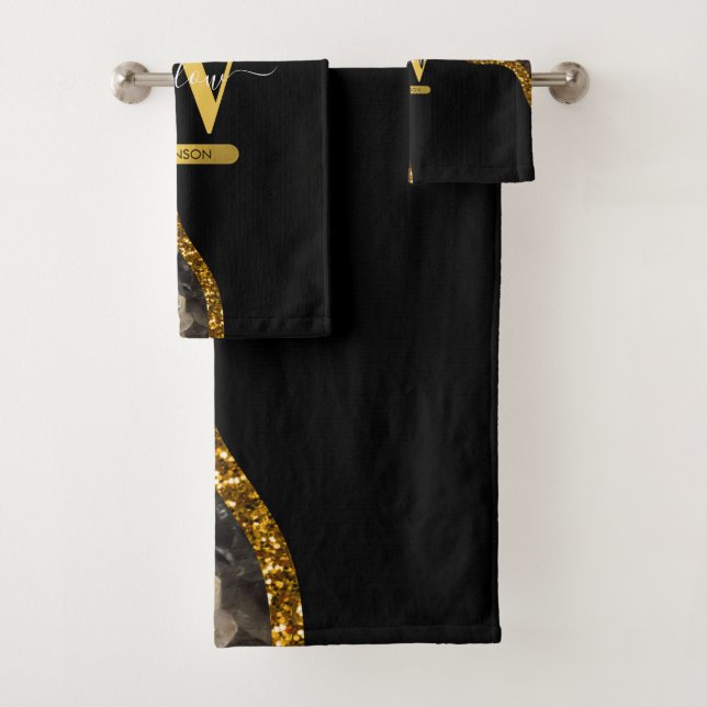 Black & Gold Agate Geode Glitter Monogram   Bath Towel Set (Insitu)