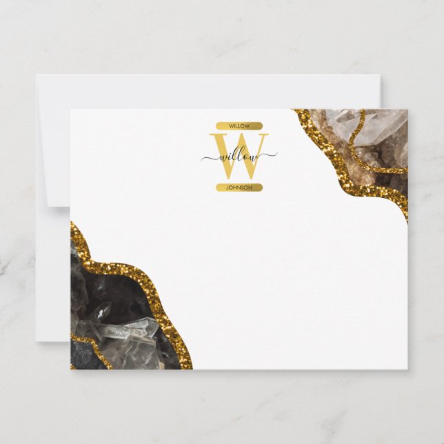 Black & Gold Agate Geode Glitter Monogram Card (Front)