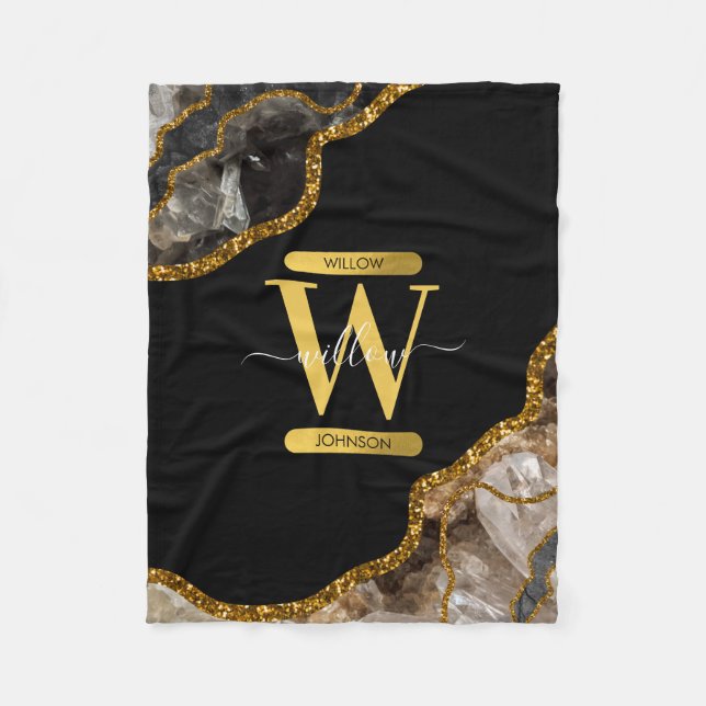 Black & Gold Agate Geode Glitter Monogram Fleece Blanket (Front)