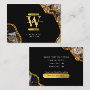 Black & Gold Agate Geode Glitter Monogram Marble Business Card