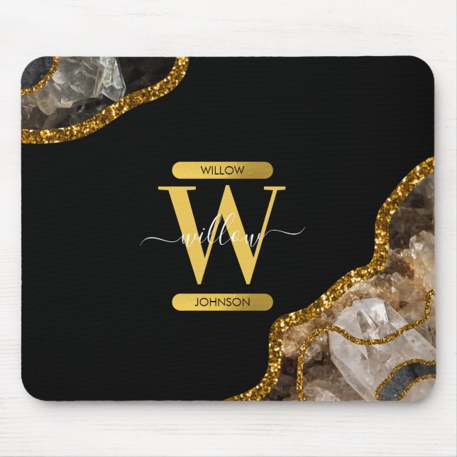 Black & Gold Agate Geode Glitter Monogram Mouse Pad (Front)
